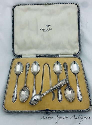 English Sterling Teaspoon and Tongs Set, Walker and Hall, Sheffield, 1930