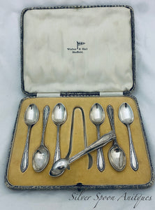 English Sterling Teaspoon and Tongs Set, Walker and Hall, Sheffield, 1930