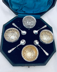 Boxed Set of English Salts and Spoons, JD WD, 1897 & 1923