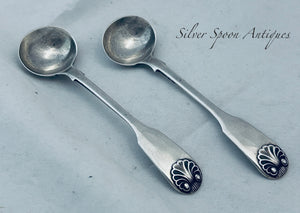 Pair of English Sterling Fiddle and Shell Salt Spoons, Theobalds & Atkinson, London, 1838