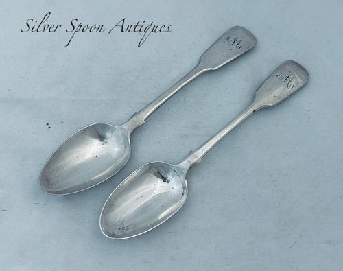 Odd pair of English sterling dessert spoons, London, 1835 & 1845