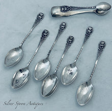 Load image into Gallery viewer, Set of Sterling thistle-themed teaspoons &amp; tongs, J Gloucester, Birmingham, 1895