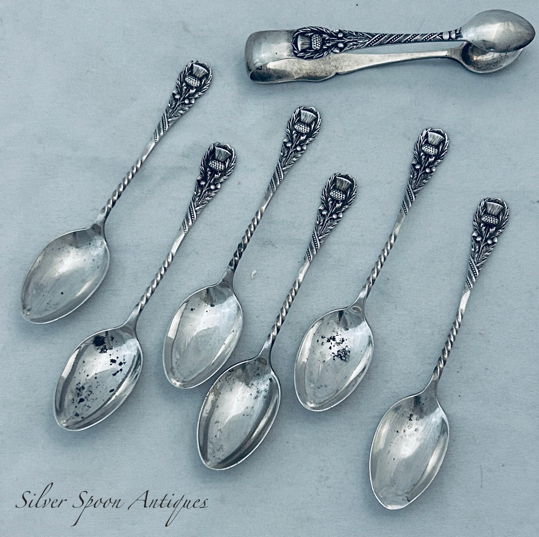 Set of Sterling thistle-themed teaspoons & tongs, J Gloucester, Birmingham, 1895