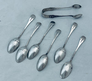 Set of Sterling thistle-themed teaspoons & tongs, J Gloucester, Birmingham, 1895